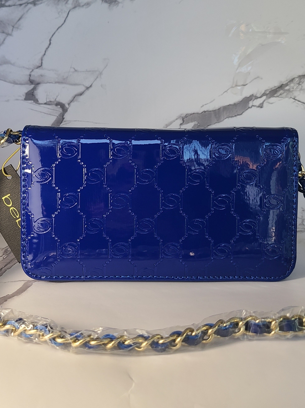 bebe Royal Blue Patent Logo-Embossed Chain Small Wristlet